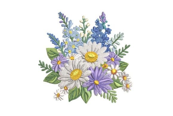 Charming White Purple Blue Bouquet Embroidery