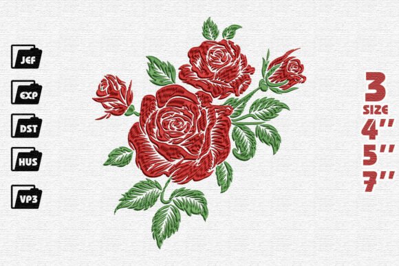 Red Rose Bouquet Embroidery for Apparel